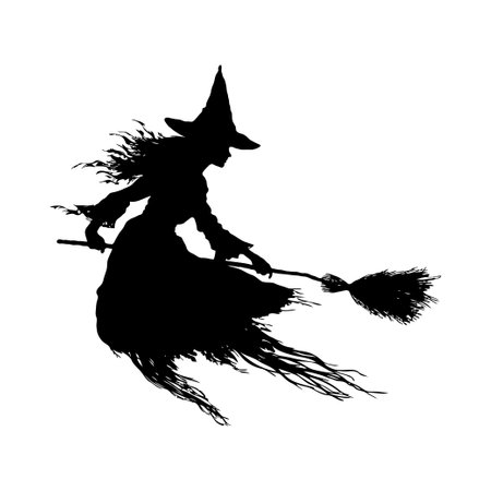 Silhouette of a witch flying on a broomstick with windswept hair and ragged dress on white background, concept of Halloween and fantasyの素材