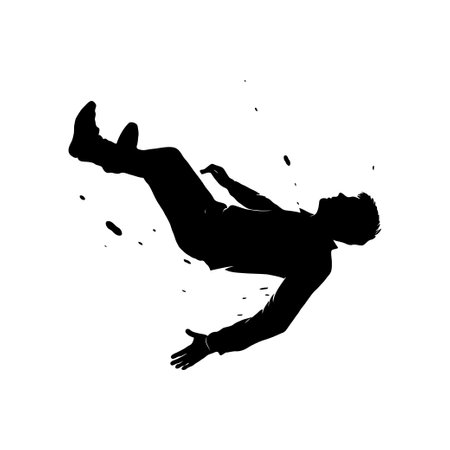 Black silhouette of a man falling backward in dramatic motion, isolated on a white background. Concept of danger, loss of control, or crisisの素材