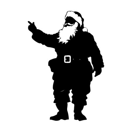 A black silhouette of Santa Claus pointing, minimalist style, on a white background, concept of holiday cheer. Vector illustrationの素材