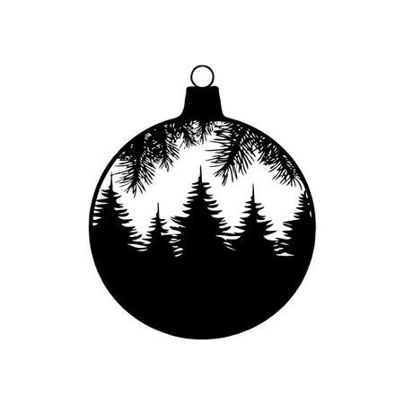 Silhouette of a Christmas ornament featuring pine trees and branches. Simple black and white style on a white background. Christmas decoration conceptの素材