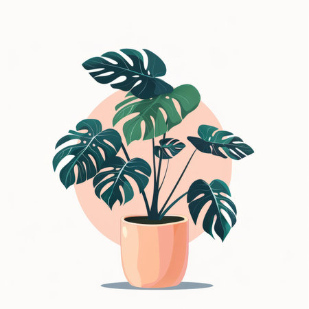 Tropical monstera plant with large green leaves in a peach ceramic pot, minimal flat style on white backdrop with soft pink circle, indoor decor conceptの素材