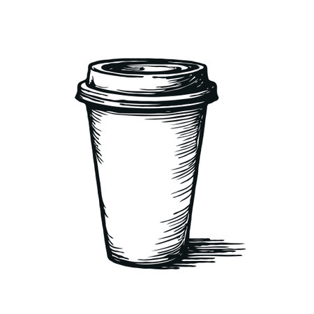 Illustration of a takeaway coffee cup with lid, hand-drawn sketch style, on white background, concept of beverage and caffeine cultureの素材