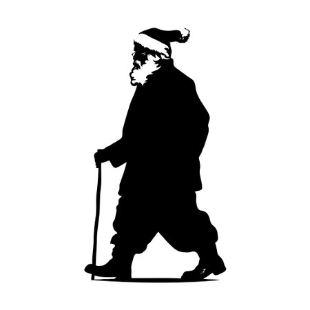 Silhouette of Santa Claus walking with a cane, minimal black graphic style on white background, concept of holiday season and agingの素材