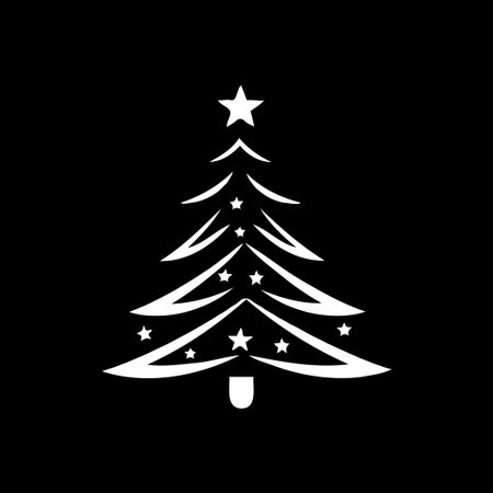 Simple white Christmas tree silhouette with stars as ornaments in minimalist graphic style on a solid black background, symbol of holidayの素材