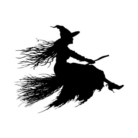 Silhouette of a witch flying on a broomstick with flowing hair and dress, in dark graphic style on white background, concept of Halloween magicの素材