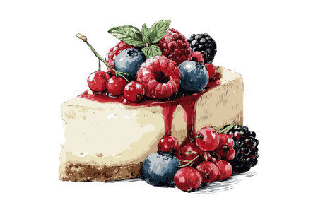 Slice of cheesecake topped with vibrant berries and mint leaves, hand-drawn style on white background, concept of gourmet dessertの素材