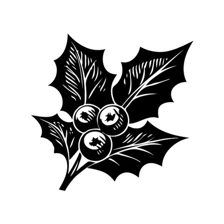 Black stylized holly leaves and berries artwork in woodcut style on a white background, symbolizing Christmas and winter traditionsの素材