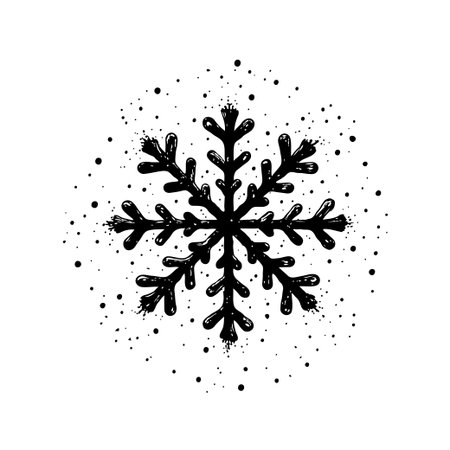Hand-drawn black Christmas snowflake with ink splatter on white background in grunge style.の素材
