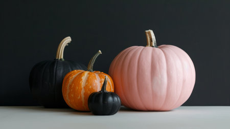 Four pumpkins in black, orange, and pink displayed on a light surface with a dark background. Autumn, Halloween, and decoration conceptsの素材