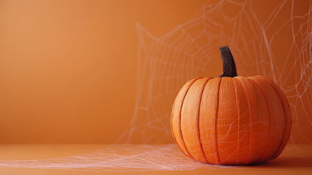 Orange pumpkin with spiderwebs, realistic style, placed on an orange background. Halloween decor and craftwork, eco friendly, sustainable concept. Place for text.の素材
