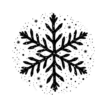 Hand-drawn black Christmas snowflake with scattered dots on white background.の素材