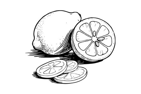 Whole lemon, halved lemon, and slices in hand-drawn sketch style on white background, representing citrus fruit and organic food conceptの素材