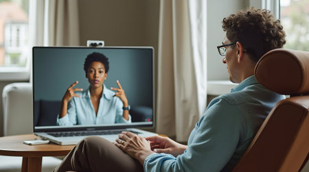 Man with hearing aid communicating via sign language on a video call with a woman on a laptop, sitting in a cozy home environment. Concept of online communication, virtual support, online-therapyの素材