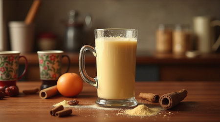 Glass mug of creamy eggnog with cinnamon sticks and orange on wooden table in cozy kitchen setting, evoking a warm and festive atmosphereの素材