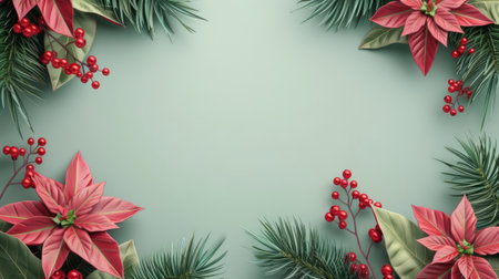 Red poinsettia flowers fir tree twigs on green background. Template with copy space. Christmas New Years background.の素材