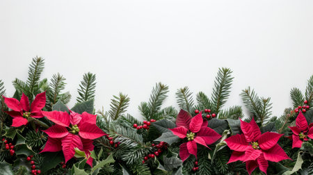 Red poinsettia flowers fir tree twigs on white background with copy space. Christmas background.の素材