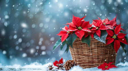 Wicker basket with red poinsettia flowers on snowy nature. Space for text. Christmas background.の素材