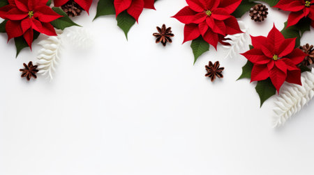 Christmas New Years banner. Red poinsettia flowers green fir tree branches on beige background with copy space.の素材