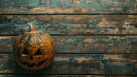 The Halloween pumpkin is orange and has a spooky. A carved pumpkin with a smiley face on it sits on a wooden table. Space for textの素材