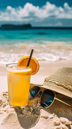 A glass of red drink with a straw and a straw hat on the beach. The drink is a refreshing beverage to enjoy on a hot day at the beachの素材