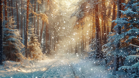 A snowy forest with a path through it. The snow is falling and the sun is shining through the trees. Winter background.の素材