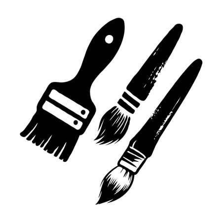 Black silhouette of three paintbrushes including flat and round styles, hand-drawn style, on a white background, concept of painting toolsの素材