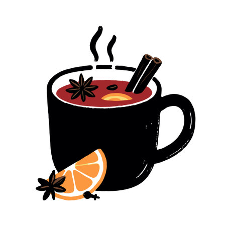A hot drink in a black mug with cinnamon sticks, star anise, orange slice and cloves in a flat style on a white background, concept of cozy beverageの素材