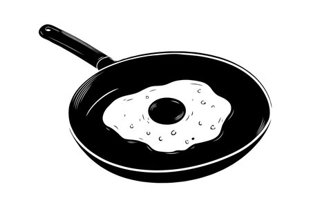 Fried egg cooking in black frying pan, monochrome hand-drawn style, isolated on white background, concept of breakfast and cookingの素材