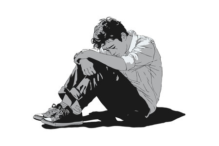 Depressed young man sitting on ground with head on knees, in grayscale graphic style, on white background, concept of loneliness and mental healthの素材