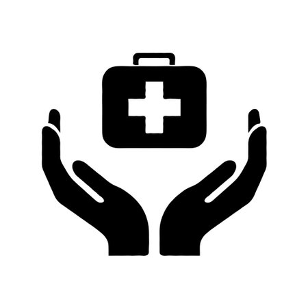 Black silhouette of two hands holding a medical kit with a cross symbol, minimal graphic style, on a plain white background, symbolizing healthcareの素材