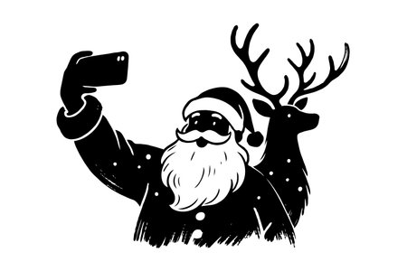 Santa Claus taking selfie with reindeer in festive black and white drawing style.の素材