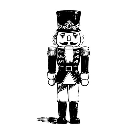 Nutcracker soldier in military uniform, hand-drawn ink sketch style, on white background. Concept of Christmas tradition and holiday decorの素材