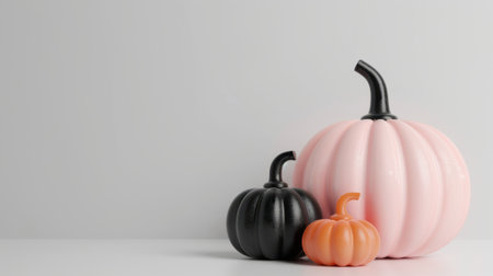 Three pumpkins in pastel pink, black, and orange on a white background. Concept of modern fall decor and Halloween aestheticsの素材