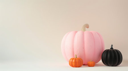 Four pumpkins in different colors and sizes are shown against a beige background. Concept of autumn and Halloween decorationの素材