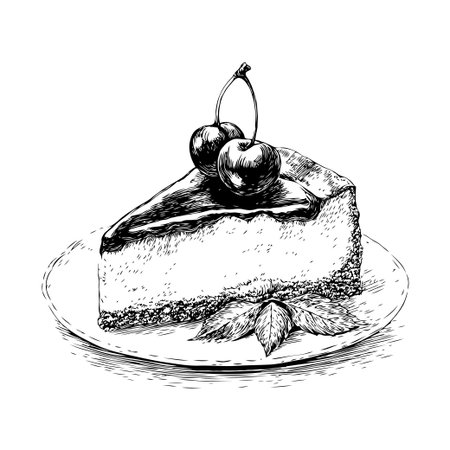 Detailed drawing of a cheesecake slice topped with cherries, hand-drawn sketch style on white background, concept of dessert and pastryの素材