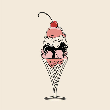 Pink ice cream sundae with whipped cream, chocolate syrup, and cherry in a glass cup, hand-drawn style, beige background, dessert conceptの素材