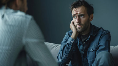 Psychologist having session with her patient. Person battle depression in a therapy session. Psychology, mental health concept.の素材