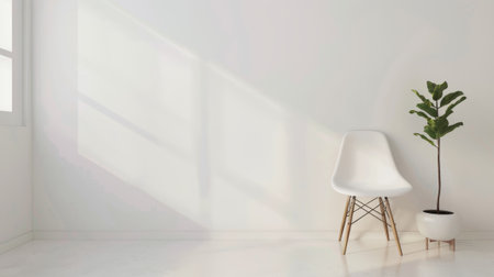 Minimalist interior with a white modern armchair, table pot with plant and light colored walls Panoramic viewの素材