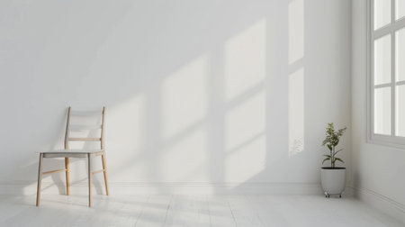 Minimalist interior with a white modern armchair, table pot with plant and light colored walls Panoramic viewの素材