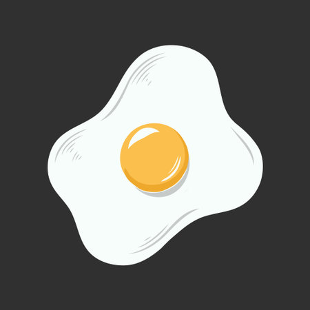 Fried egg with glossy yolk drawn in flat cartoon style on a dark background, representing breakfast or food conceptの素材
