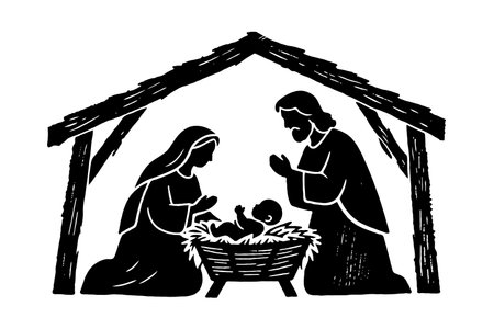 Holy family nativity silhouette featuring Mary, Joseph, and baby Jesus under a wooden stable roof on a plain white backgroundの素材