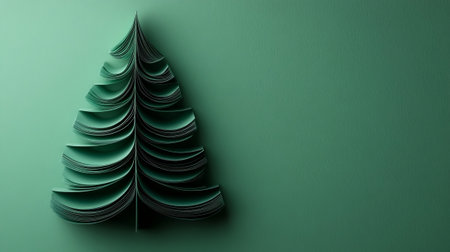 An abstract Christmas tree made of layered green paper on a green background. Christmas decor and craftwork, eco friendly, sustainable and minimalism concept. Place for text.の素材