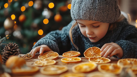 A child in warm clothing closely examines dried orange slices on a wooden table. Background features festive Christmas lights. Eco-friendly holiday decor, sustainable, conceptの素材
