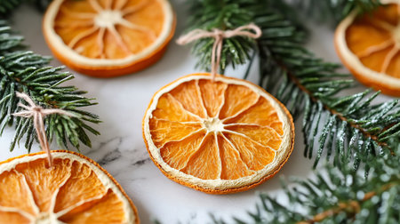 Dried orange slices and pine branches tied with twine on a marble background. Eco-friendly holiday decor, sustainable, conceptの素材