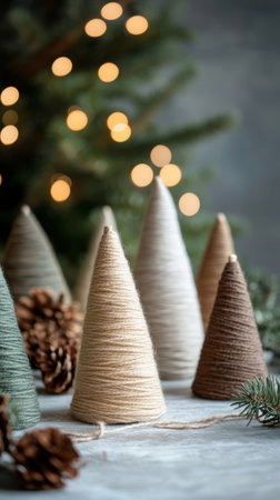 Yarn trees with pinecones and bokeh lights for Christmas decoration. Eco-friendly holiday decor, sustainable, concept.の素材
