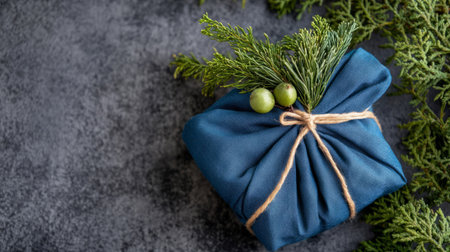Eco-friendly gift wrapped in blue fabric with natural greenery on textured dark background. Concept of sustainable gift giving and zero wasteの素材