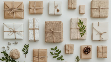 Various eco-friendly wrapped gifts with natural decorations like pine cones and twine on a white background. Eco-friendly holiday decor, sustainable, zero waste concept.の素材