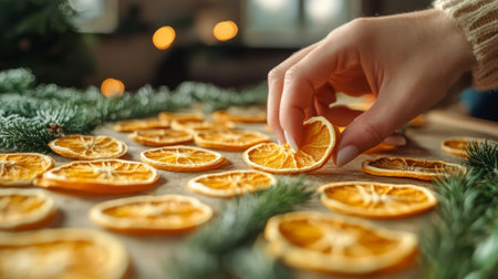 A hand arranging dried orange slices on a table decorated with pine branches. Christmas craft activity, creative DIY project for kids, decor and craftwork, eco friendly, sustainable concept.の素材