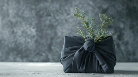 A gift wrapped in fabric with green sprigs on a gray textured background. Japanese Furoshiki style. Concept of sustainable and eco-friendly gift wrappingの素材