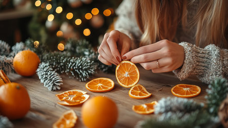 Hands crafting with dried orange slices on a wooden table, next to pine branches and festive lights. Christmas craft activity, creative DIY project, craftwork, eco friendly, sustainable concept.の素材